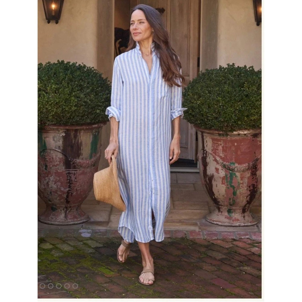 Frank & Eileen Rory Blue White Striped Italian Linen Maxi Shirtdress Dress XL